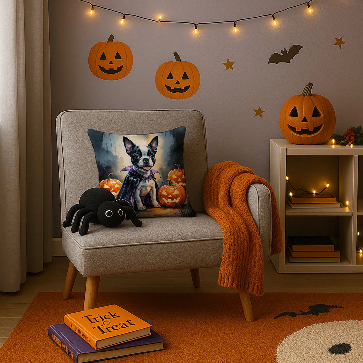Boston Terrier Puppy Halloween Throw Pillow Machine Washable, Indoor