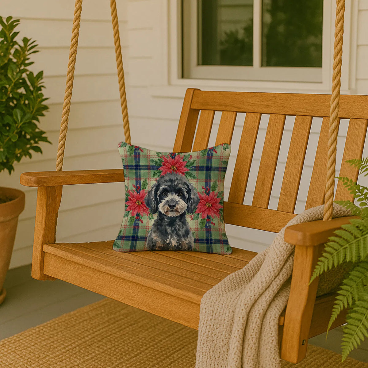 Miniature Black Poodle Christmas Poinsettias Throw Pillow Decorative