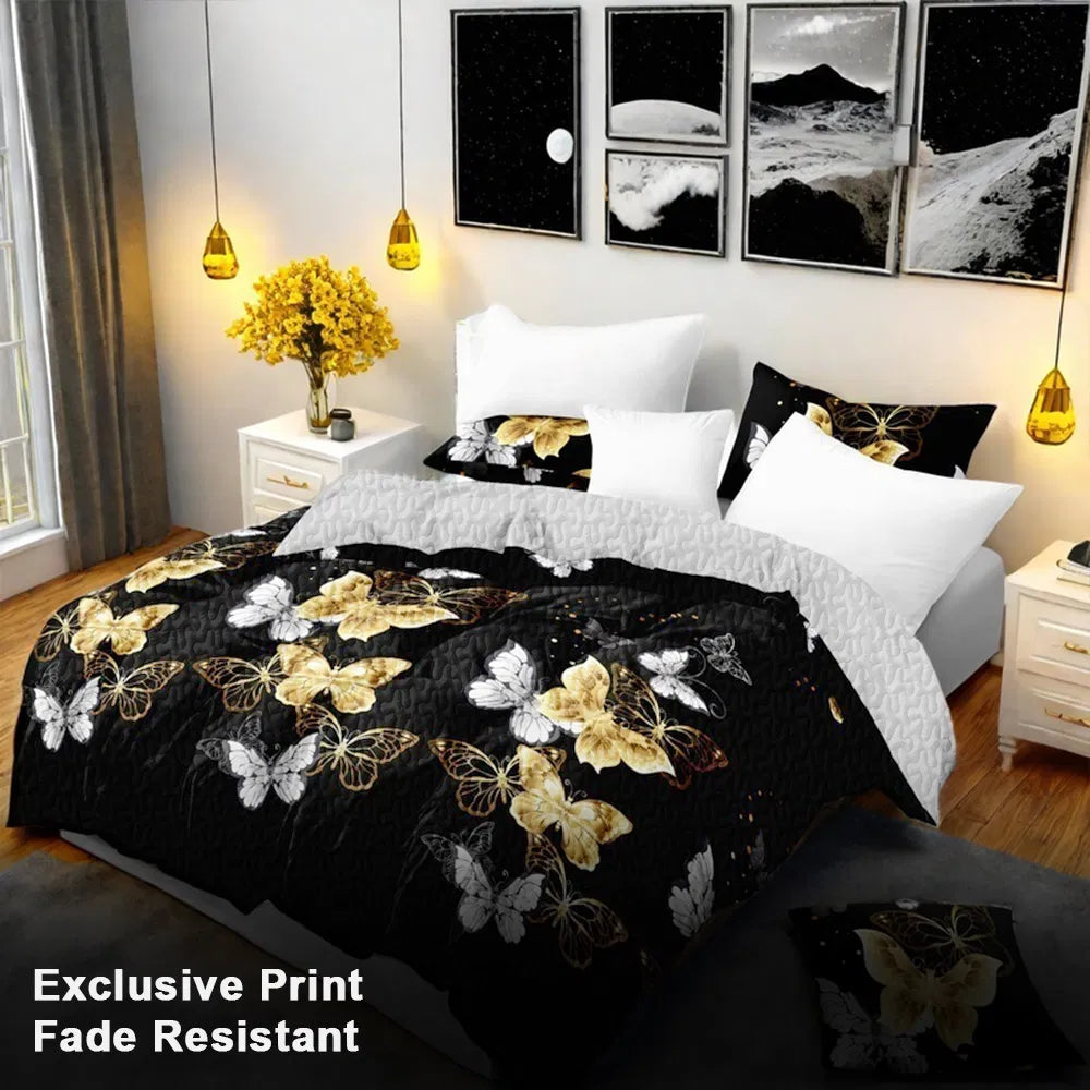9-Piece Black & Gold Butterfly Bedding & Curtain Set - Quilted