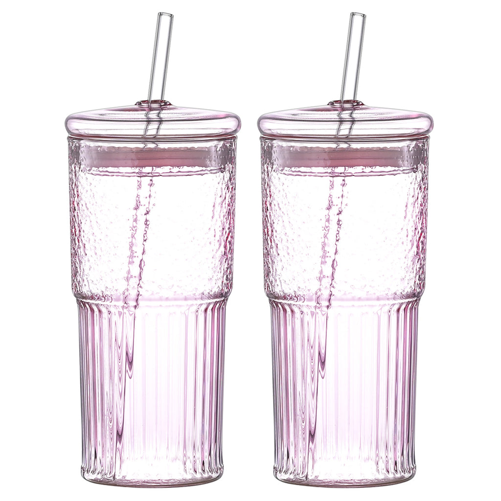 20 Oz 2-pack Pink Glass Straw Cup With Vertical Pattern Cup And Lid