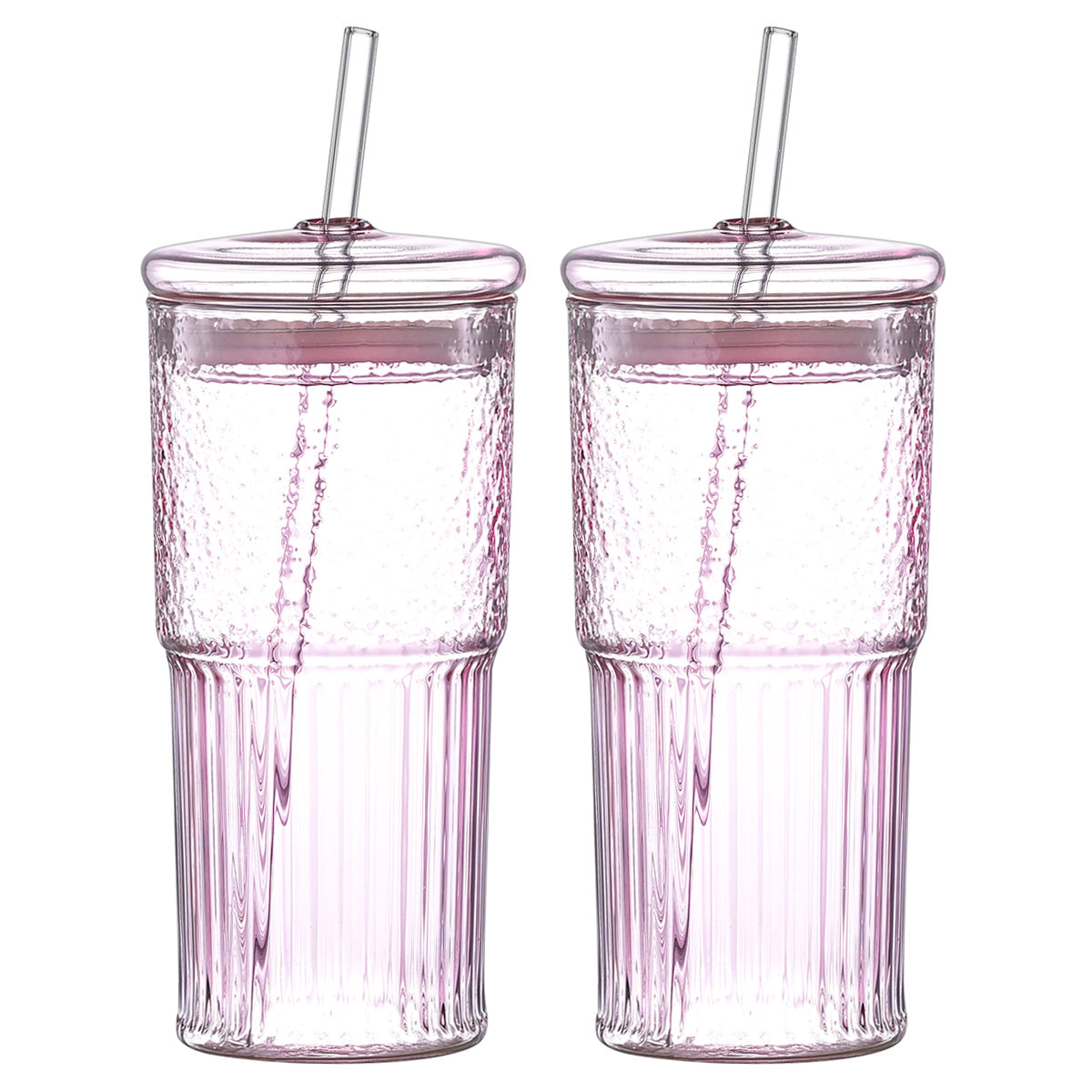 20 Oz 2-pack Pink Glass Straw Cup With Vertical Pattern Cup And Lid