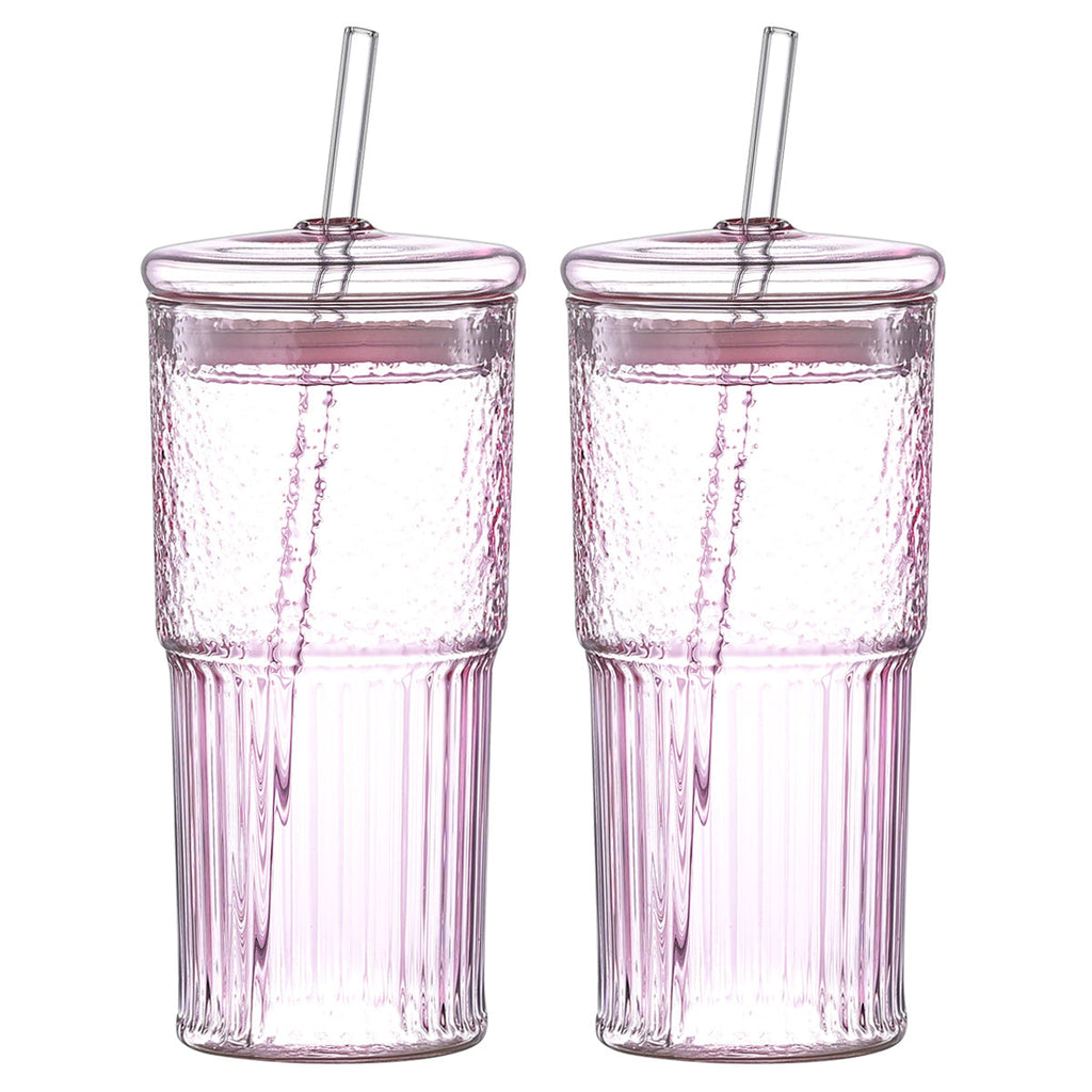 20 Oz 2-pack Green Glass Straw Cup With Vertical Pattern Cup And Lid