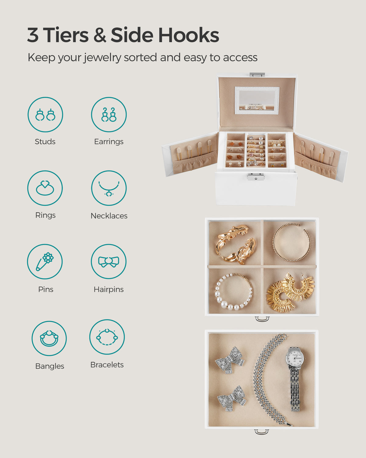 3 Tier Jewellery Box With Mirror, Lockable Jewellery Organiser