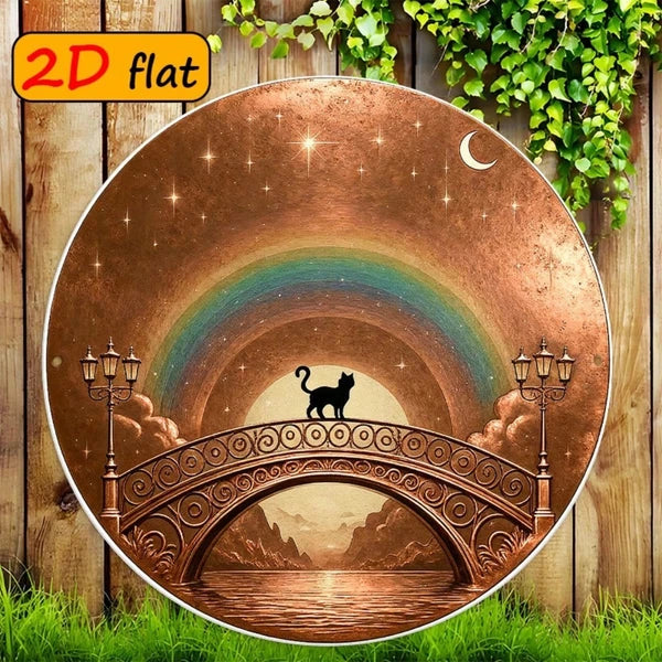2D Flat Round Aluminum Sign 7.87x7.87 Inch, "" Black Cat On Arch Bridge