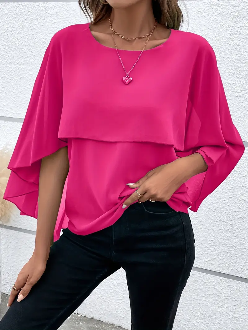 Solid Layered Cloak Sleeve Blouse, Versatile Crew Neck Blouse