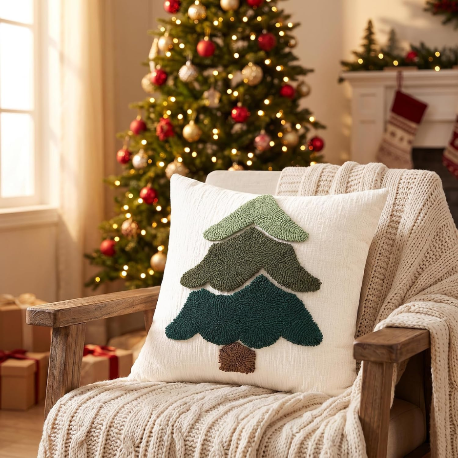 2Pcs Chenille Christmas Tree Pillow Covers 18x18, Green Holiday Decor