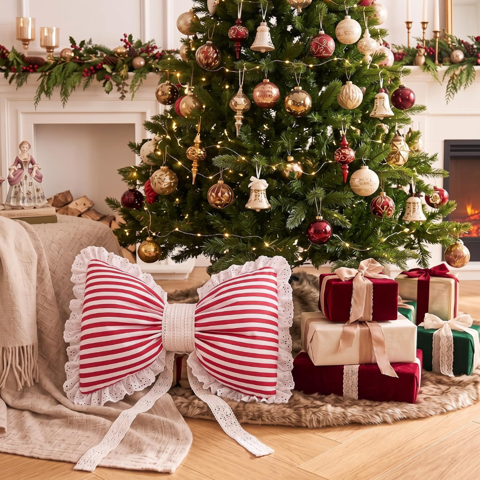 Christmas Bow Throw Pillow Cover, Red & White Striped Decorative