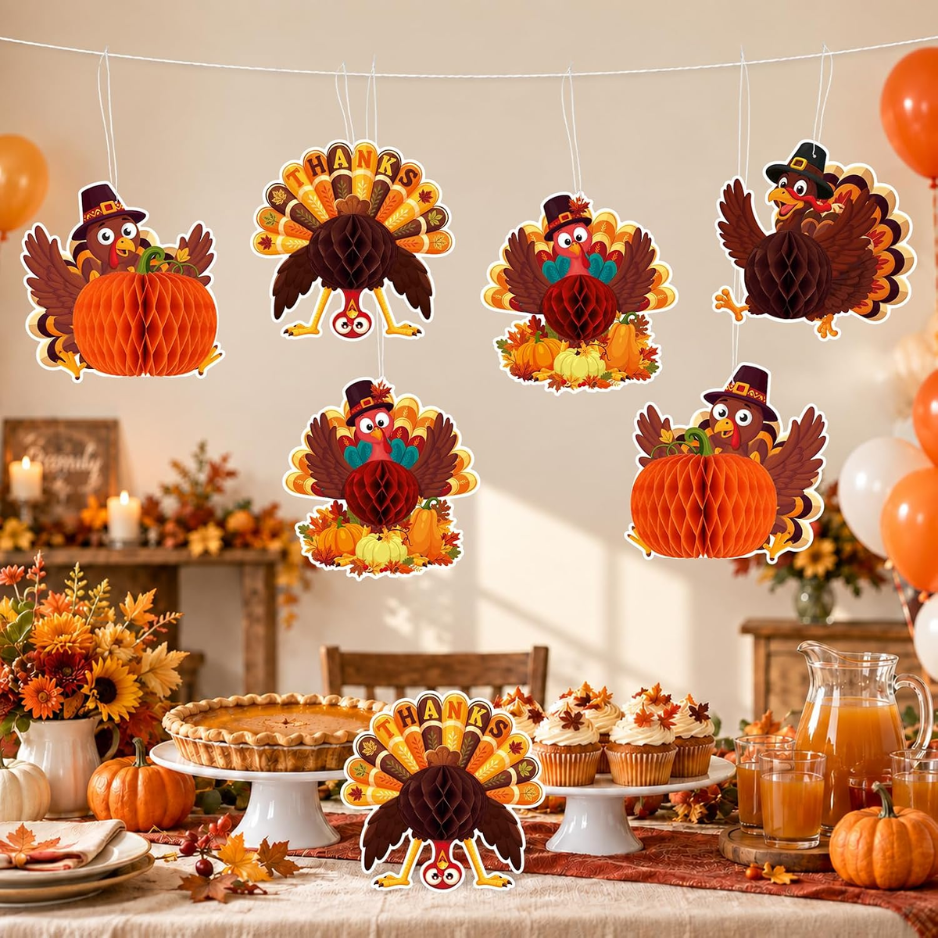 8 PCS Thanksgiving Party Decorations Hanging Paper Turkey Honeycomb