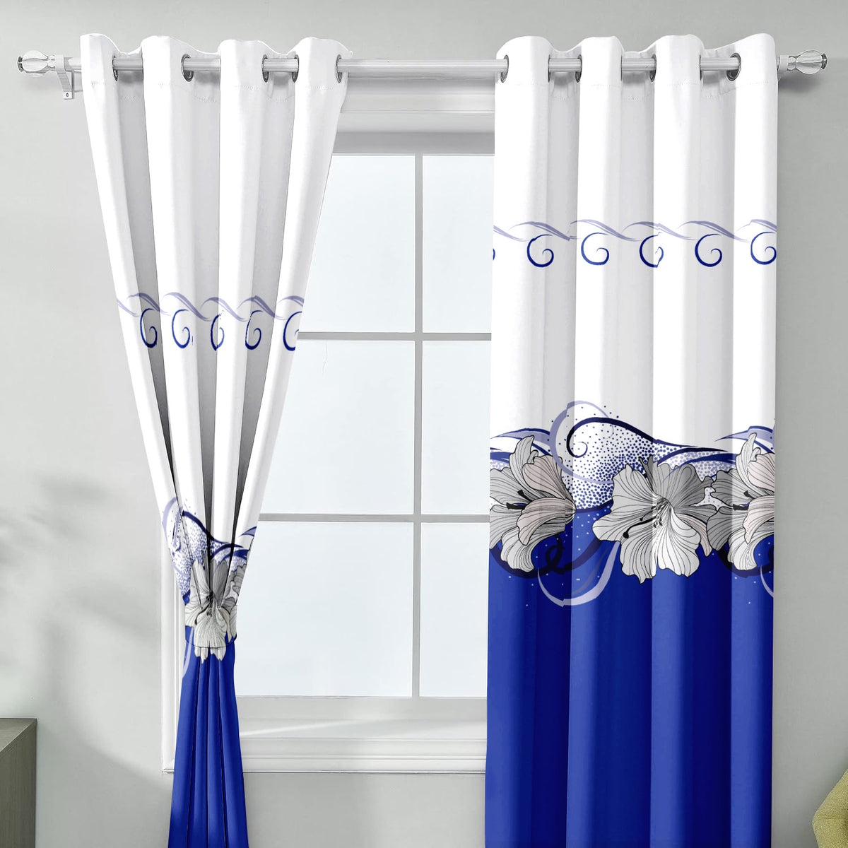 9-Piece Blue And White Lotus Bedspread And Curtain Set For King
