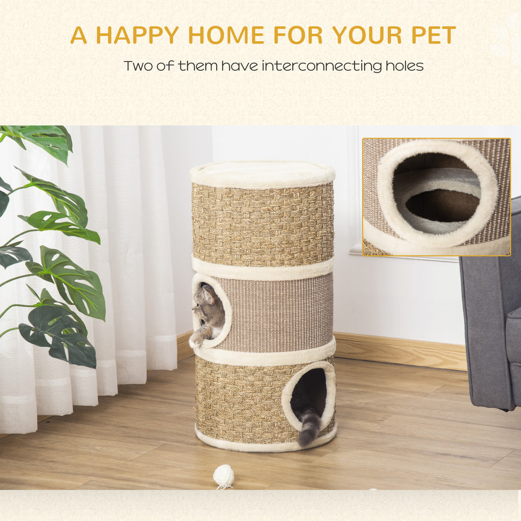 28 Inch Cat Condo, 3 Story Cat Hideaway With Sisal Scratching Pad