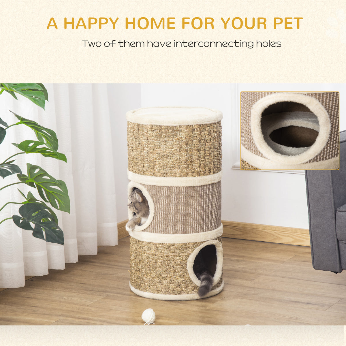 28 Inch Cat Condo, 3 Story Cat Hideaway With Sisal Scratching Pad