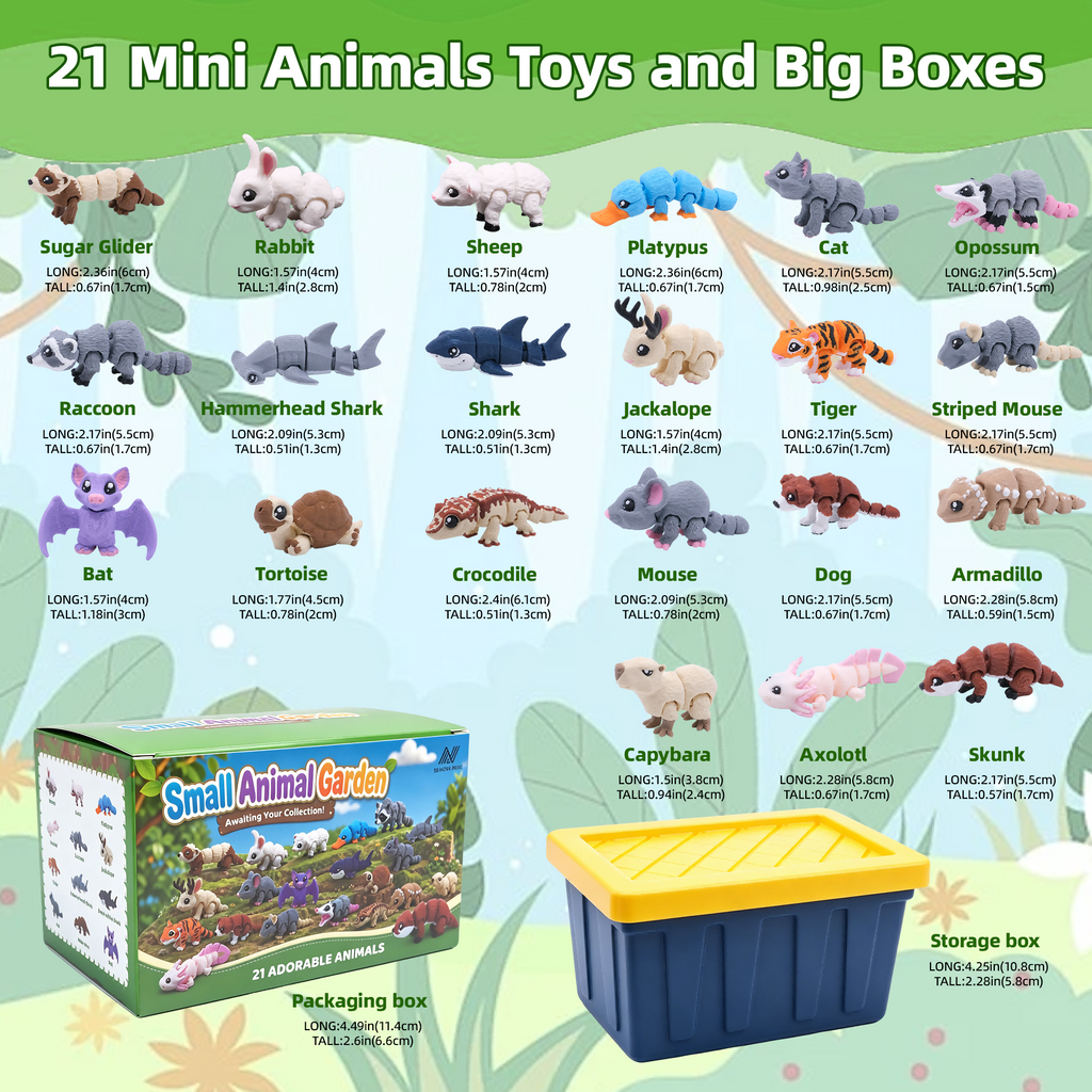 21PCS Mini Animal Figurines Set With Storage Box, 3D Printed