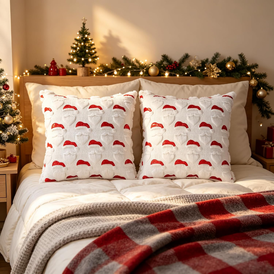 2Pcs Santa Christmas Pillow Covers 18x18, 3D Jacquard Faux Fur Decor