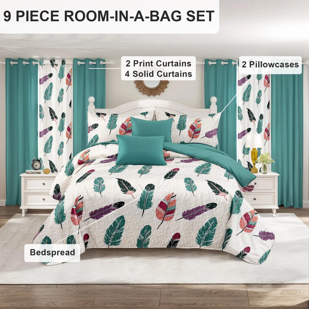 9-Piece Boho Feather Bedding & Curtain Set - Quilted Microfiber