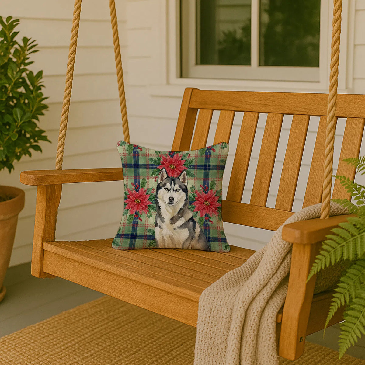Agouti Siberian Husky Christmas Poinsettias Throw Pillow Decorative