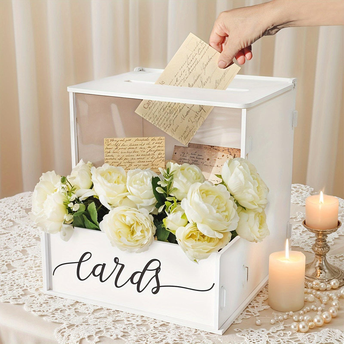 Elegant White PVC Rectangular Wedding Card Box With Lockable Lid