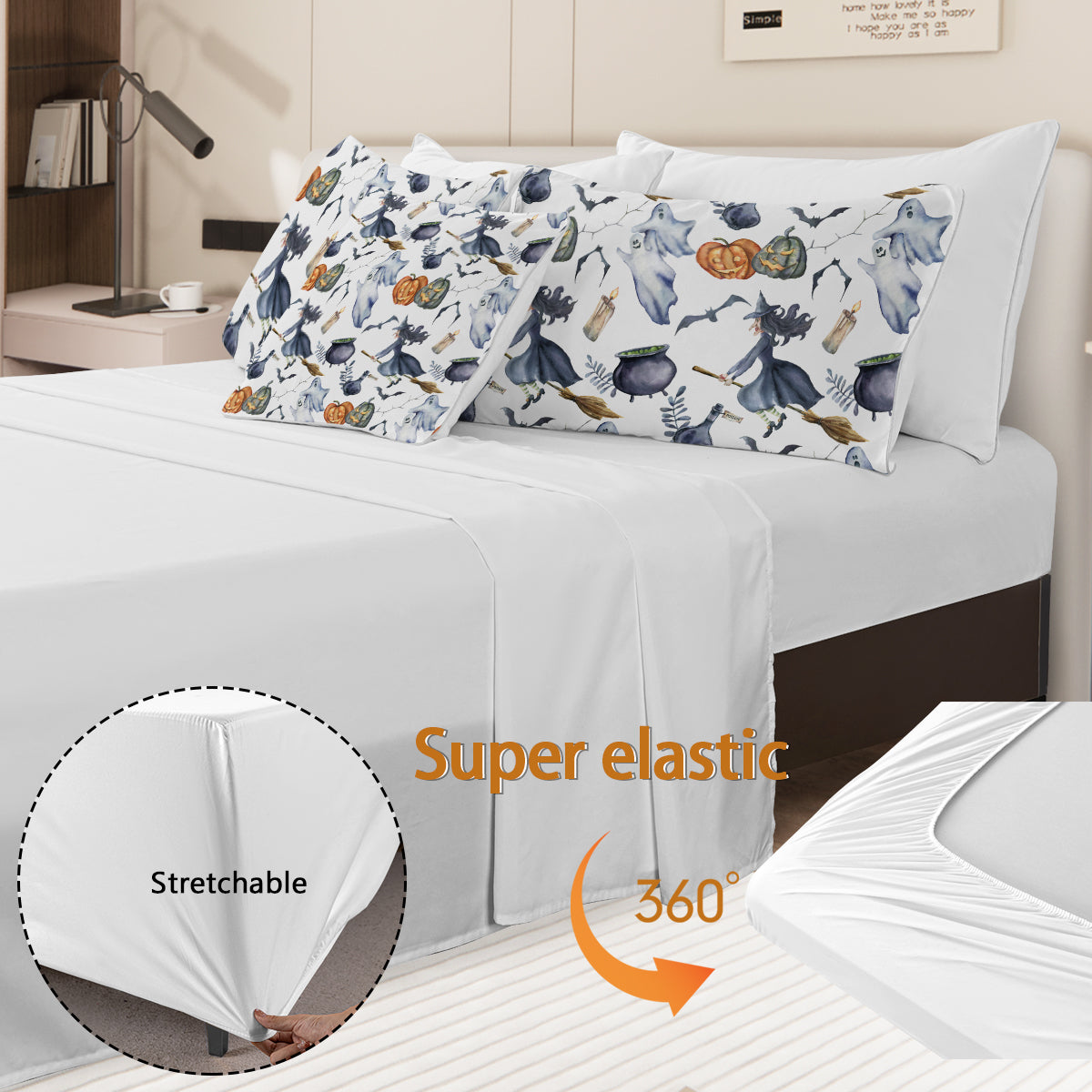 8 Pieces Halloween Comforter Set, Witch Pattern Bed In A Bag Bedding