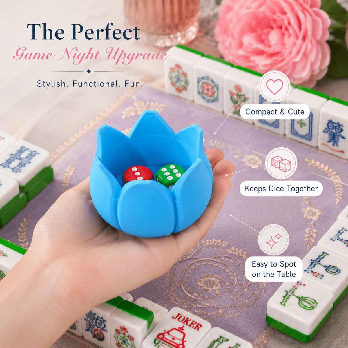Tulip Flower Mahjong Dice Tray, 3D Printed Dice Holder For Mahjong Game