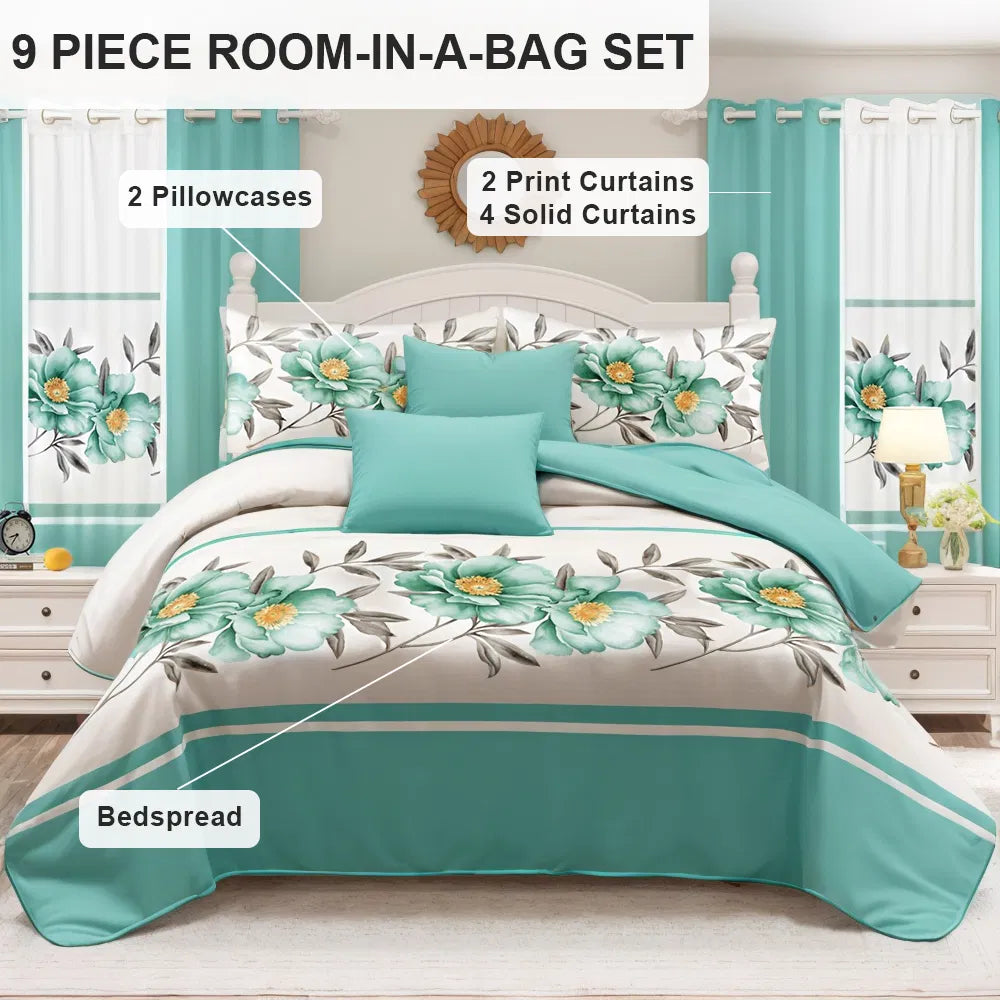 Quilted Bedspread & Curtain Set 9 Piece, Queen Size - Bedding Ensemble