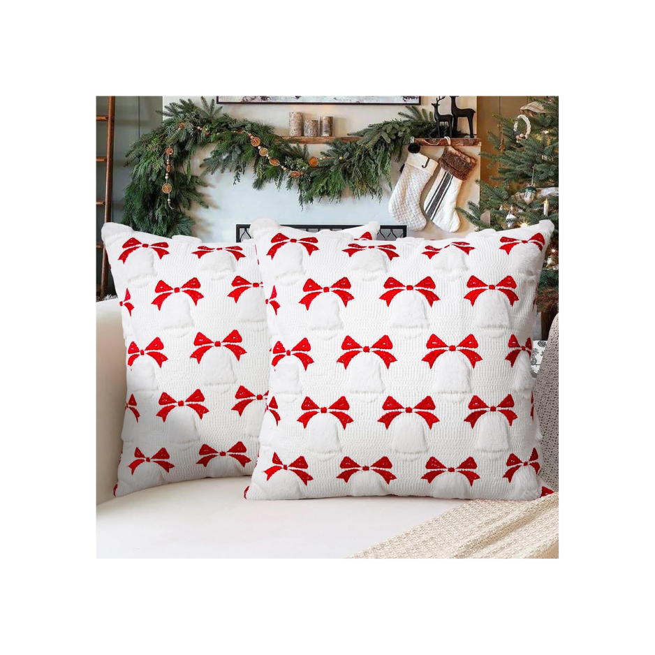 2Pcs Christmas Pillow Covers 18x18, 3D Jacquard Faux Fur Holiday Decor