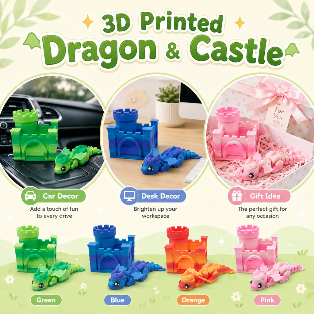 3D Printed Dragon & Castle Set, Articulated Mini Dragon With Castle