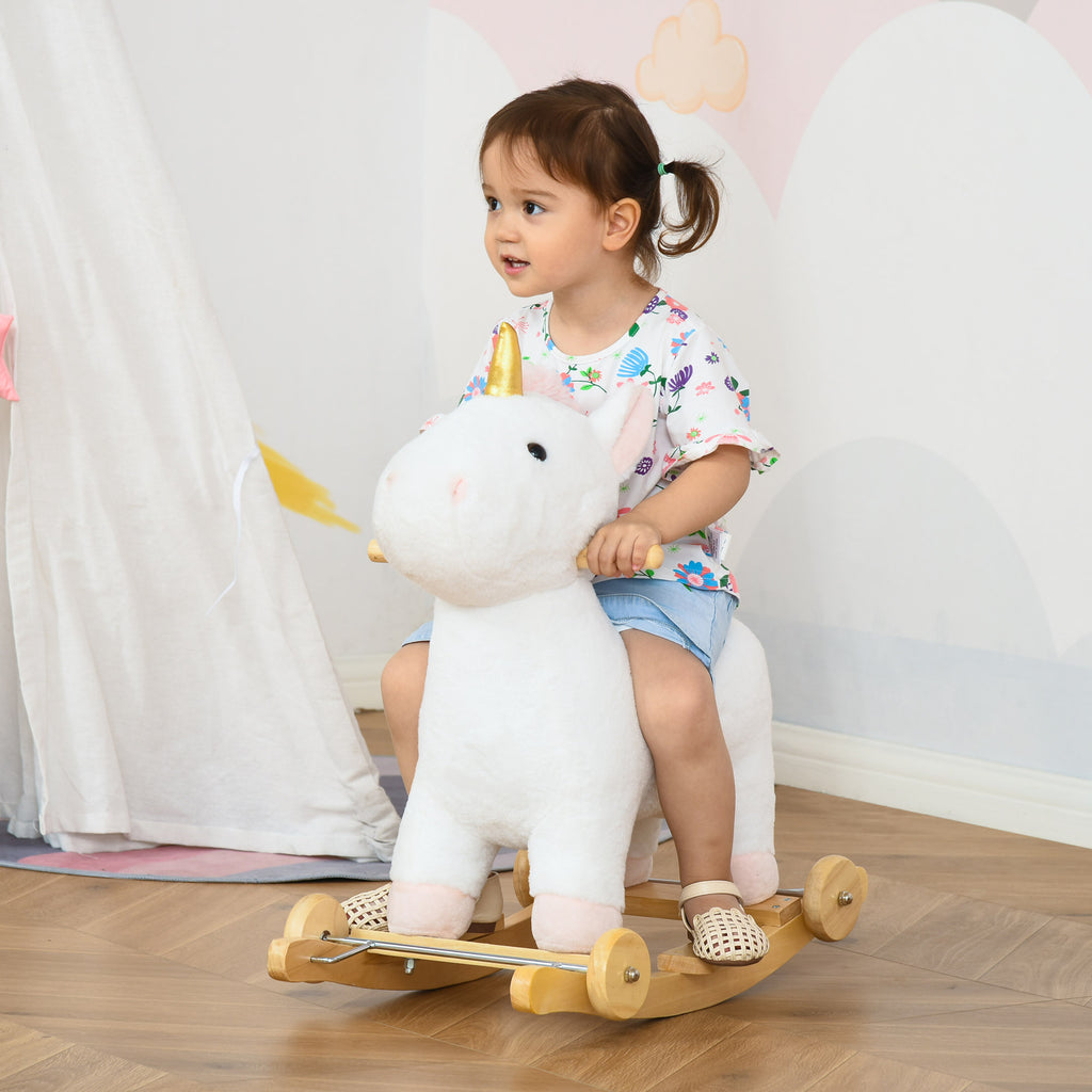 2 In 1 Kids Rocking Horse, Rolling Unicorn With Sound, Wooden Base