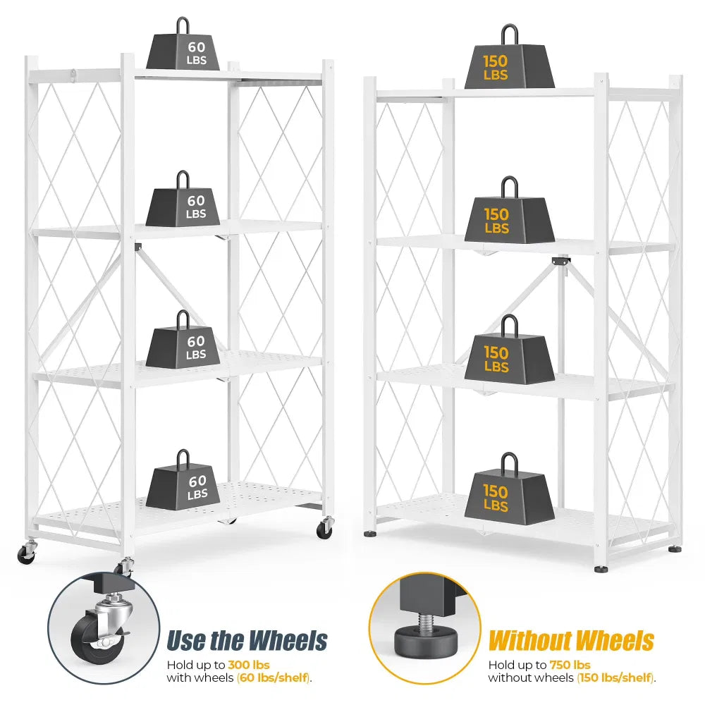 4-Tier Foldingstorageshelves With Wheels, Foldable Metal Rack