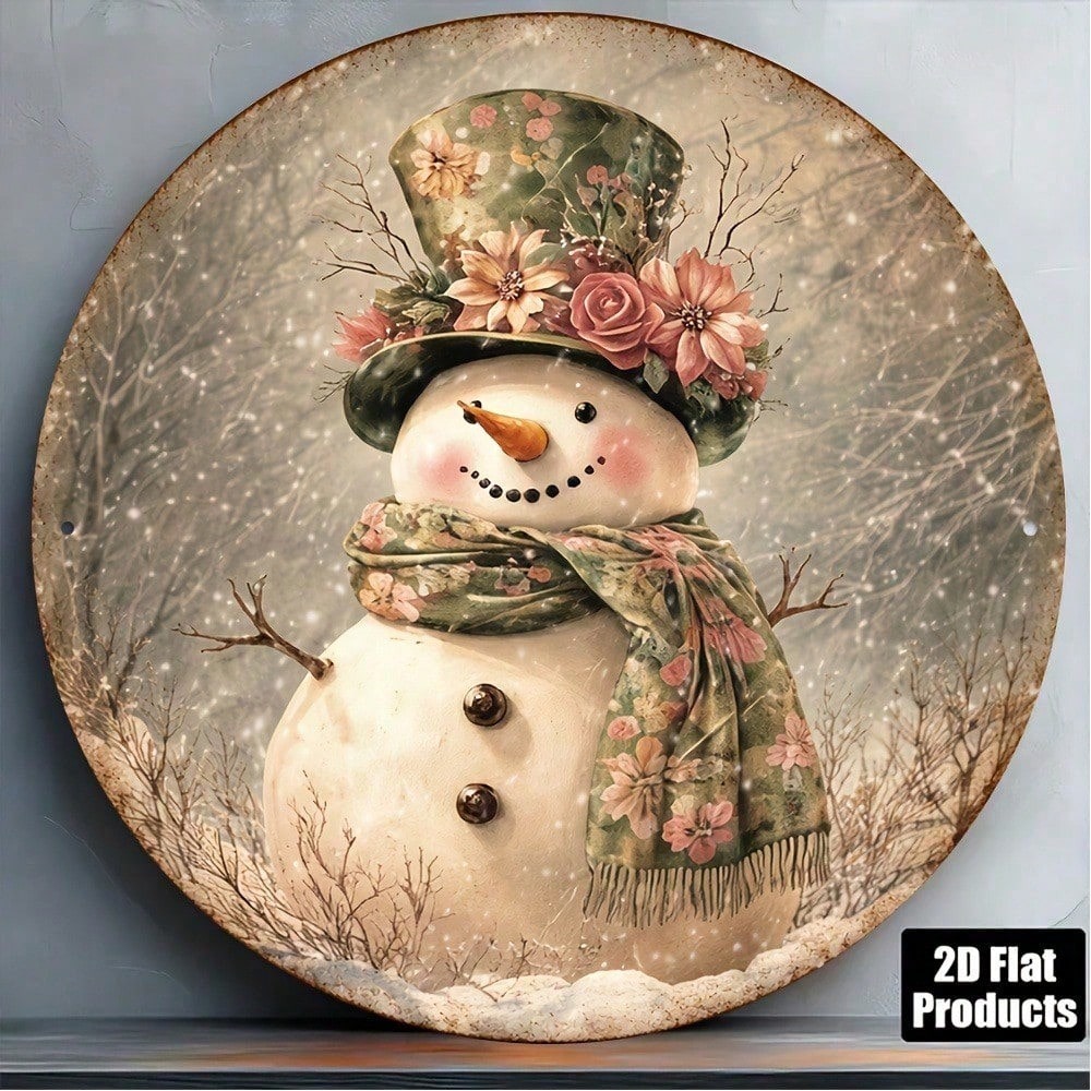 Vintage Snowman Round Metal Sign, 8 in