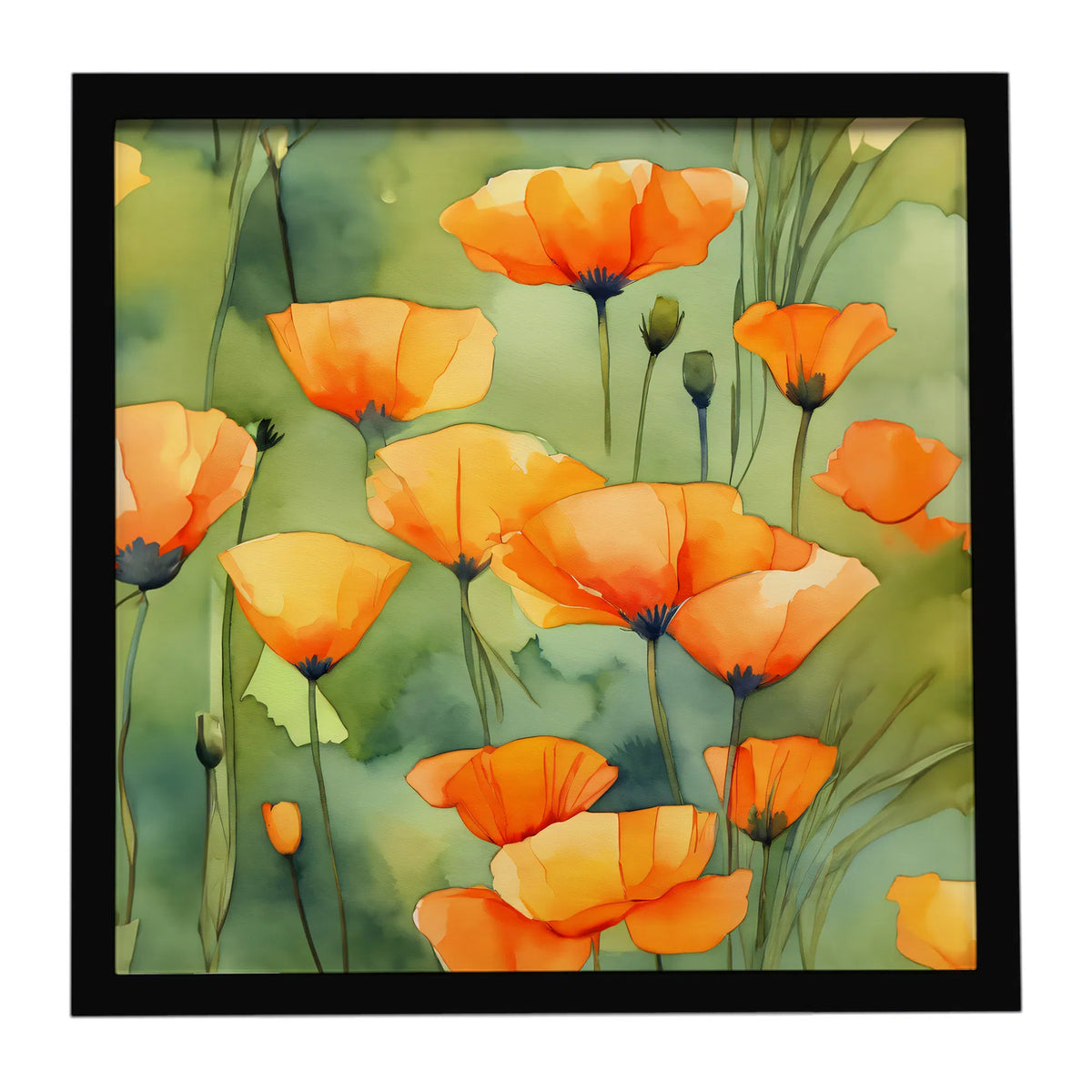 California Poppies In Watercolor Framed Metal Print Bathroom, Kitchen