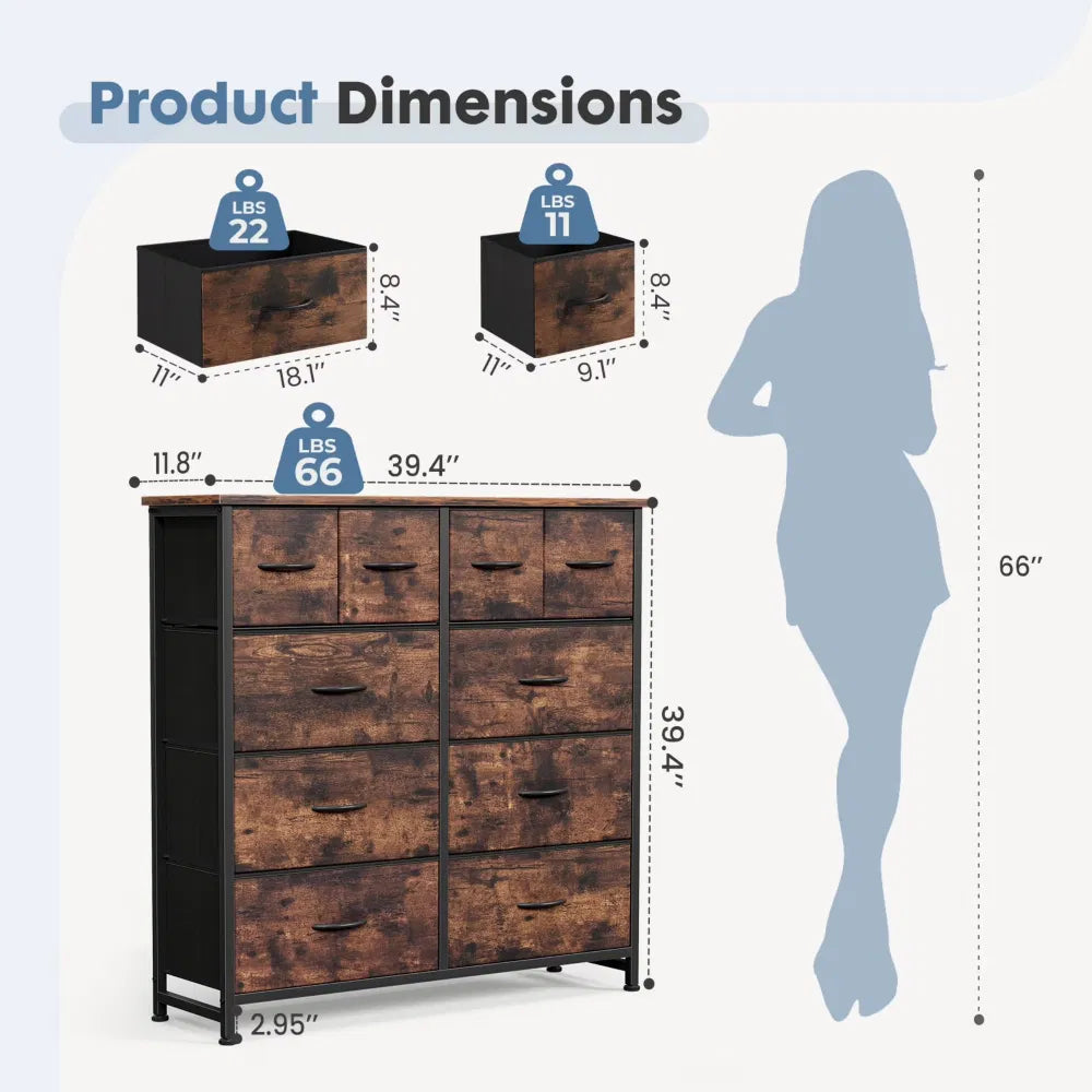 10-Drawer Fabric Dresser, Largestoragetower For Bedroom, Closet, Living