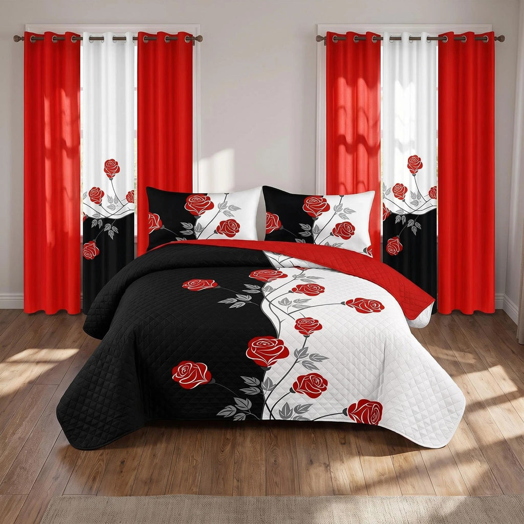 9-Piece Black And White Red Floral Quilt And Curtain Set, Reversible