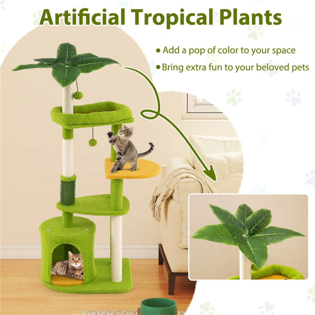 48" Cat Tree With Tropical Leaves - Self-groomer & Scratching Posts