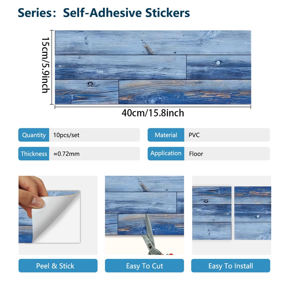 Blue Wood Grain Floor, Peel And Stick Floor Tiles, PVC Self-adhesive