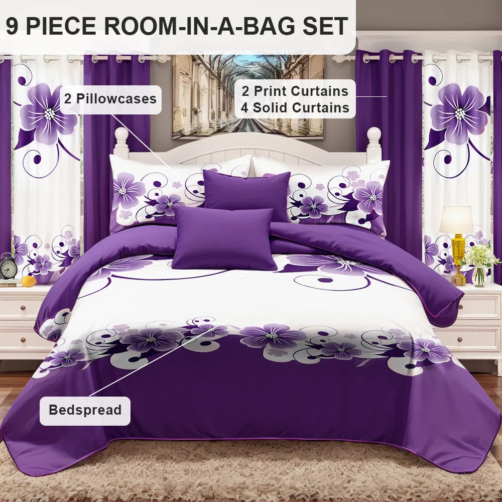 9-Piece Purple Floral Bedding & Curtain Set - Quilted Microfiber