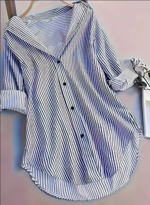 Stripe Print Button Front Blouse, Casual Long Sleeve Blouse For Spring