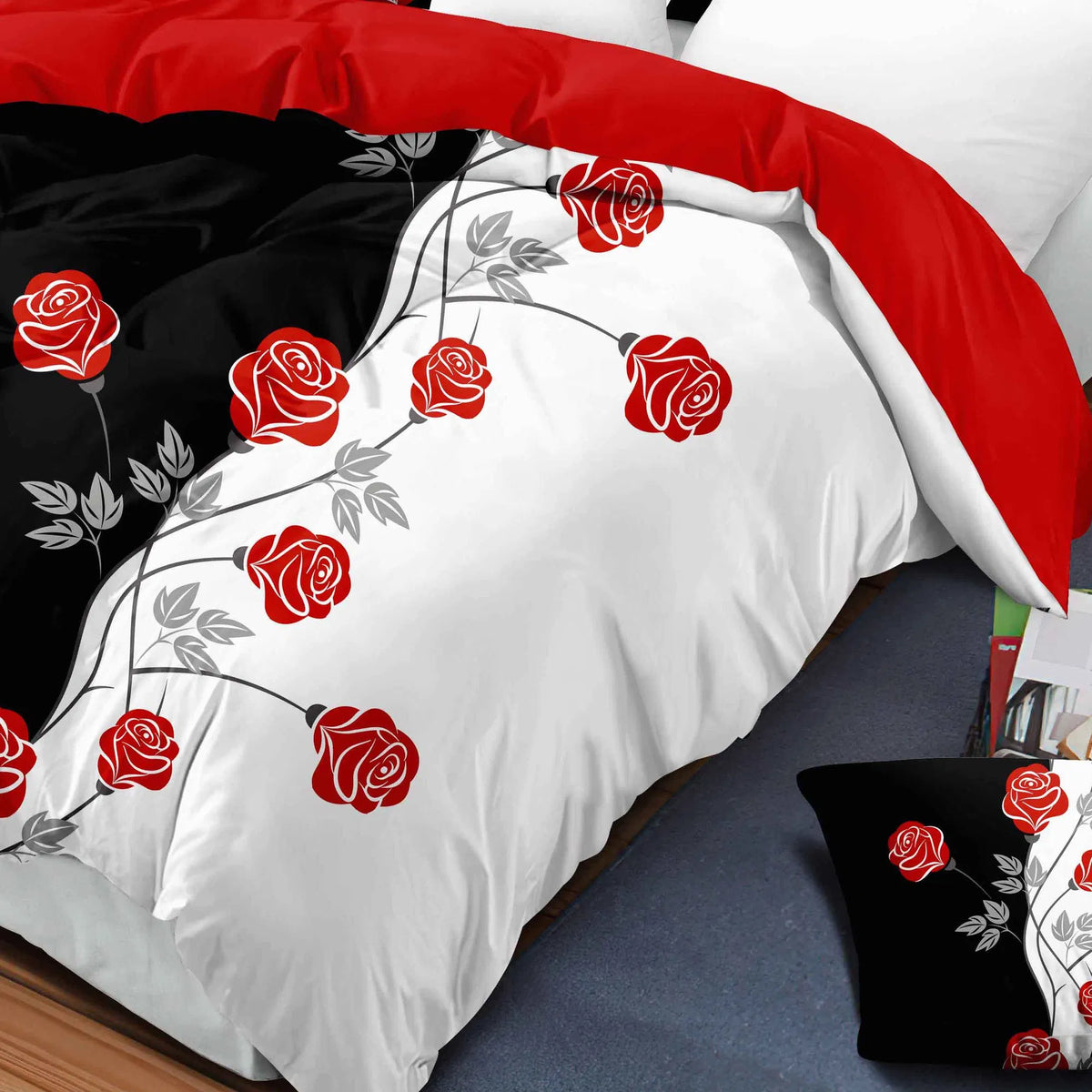 9-Piece Red Rose Bedding & Curtain Set - Quilted Microfiber Bedspread +