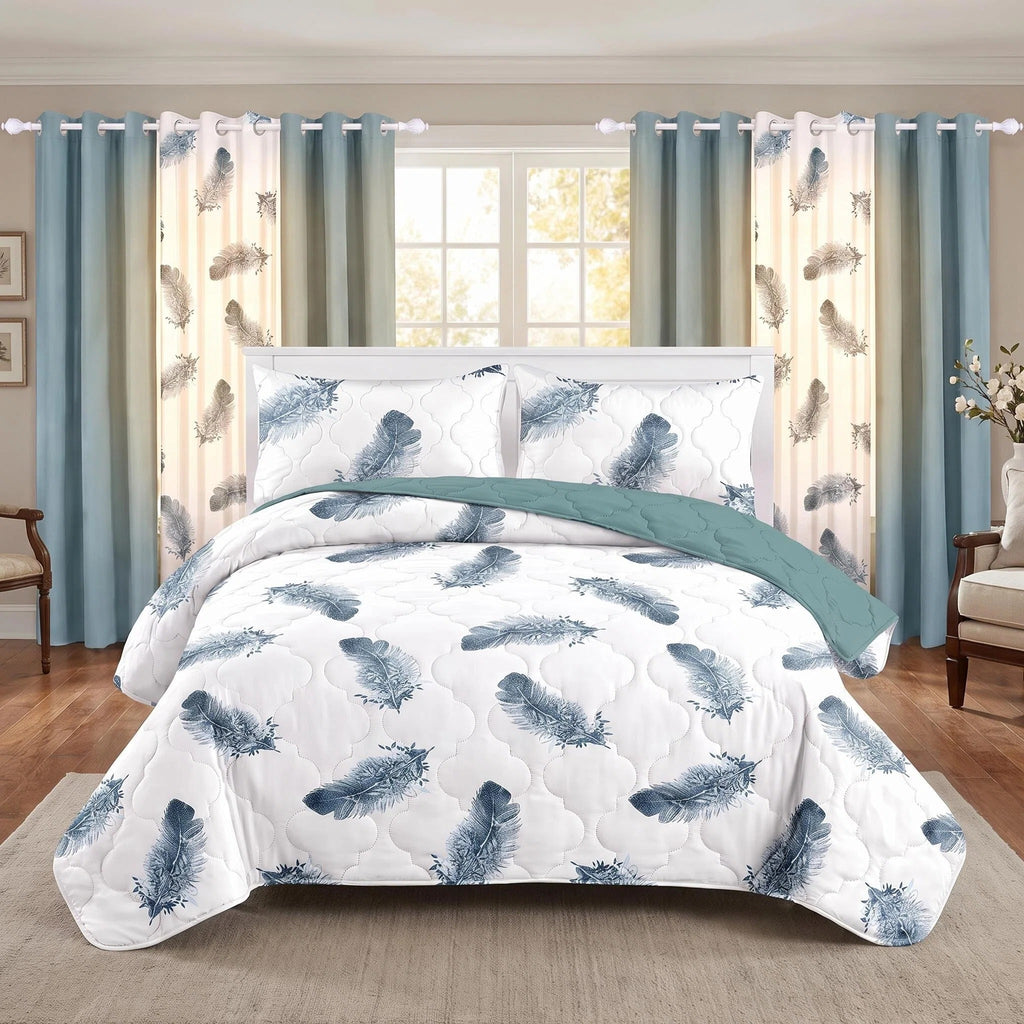 9-Piece Blue Feather Bedspread And Curtain Set, Reversible Microfiber