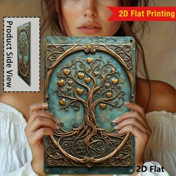 Vintage Tree Of Life Metal Wall Art, Turquoise Blue Golden Heart 2D