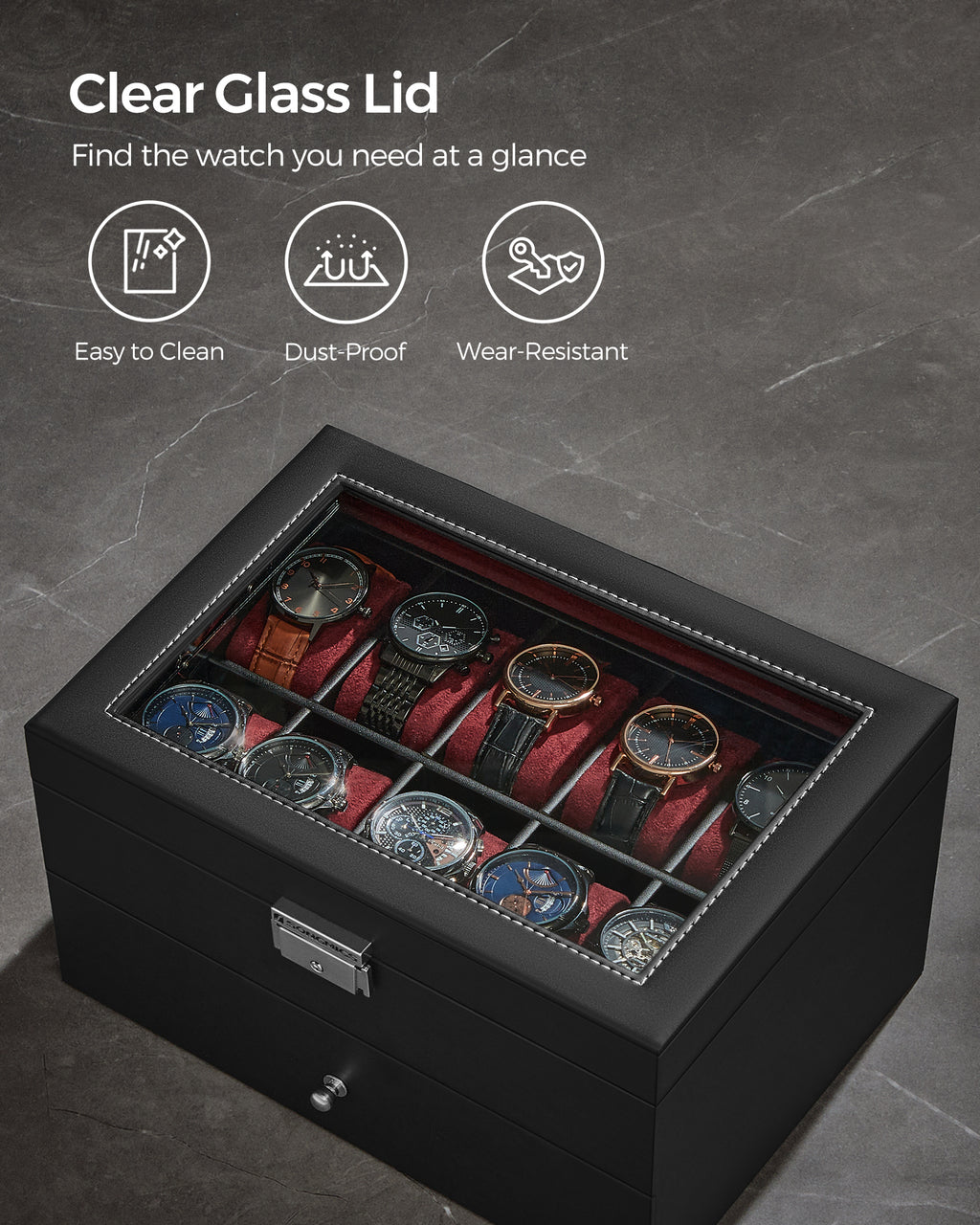Songmics 20-Slot Watch Box, 2 Layers, Glass Lid, Lockable