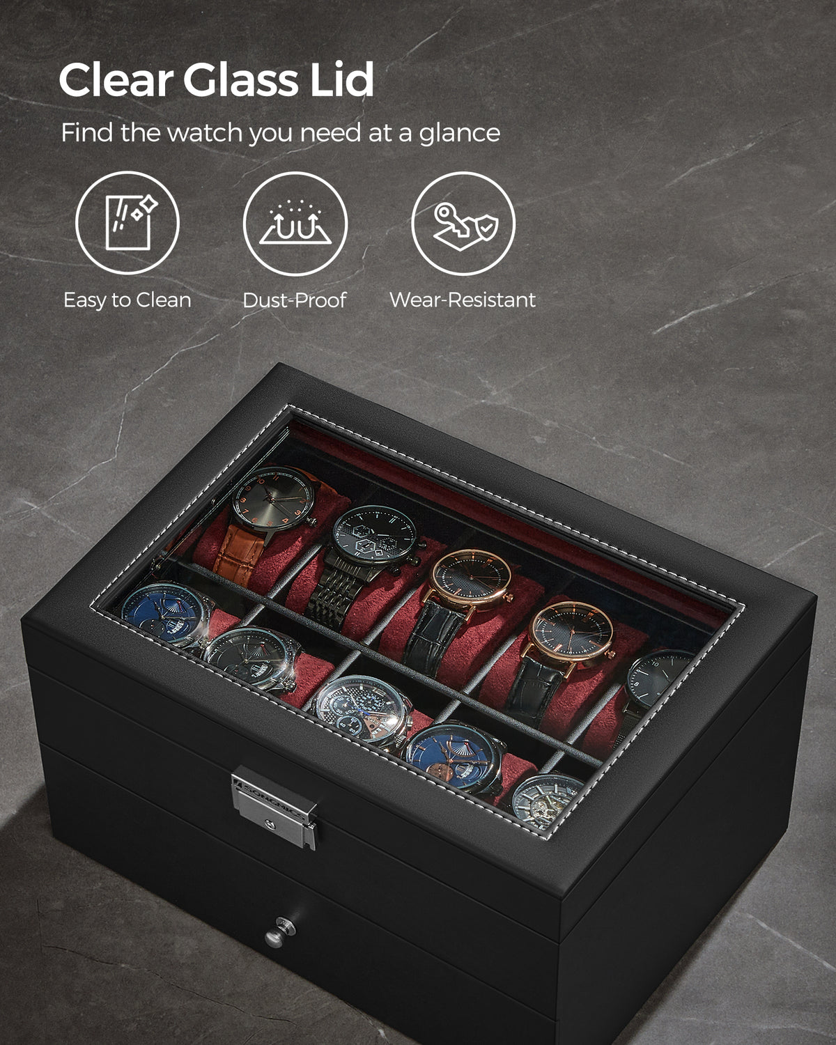 Songmics 20-Slot Watch Box, 2 Layers, Glass Lid, Lockable