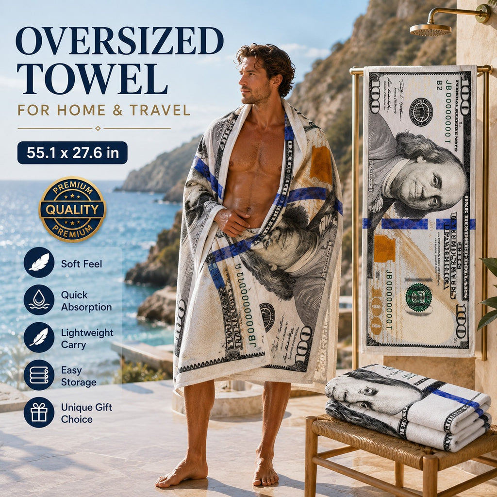 55x28in Cash Print Beach Towel Soft Velour Absorbent US Dollar Seaside