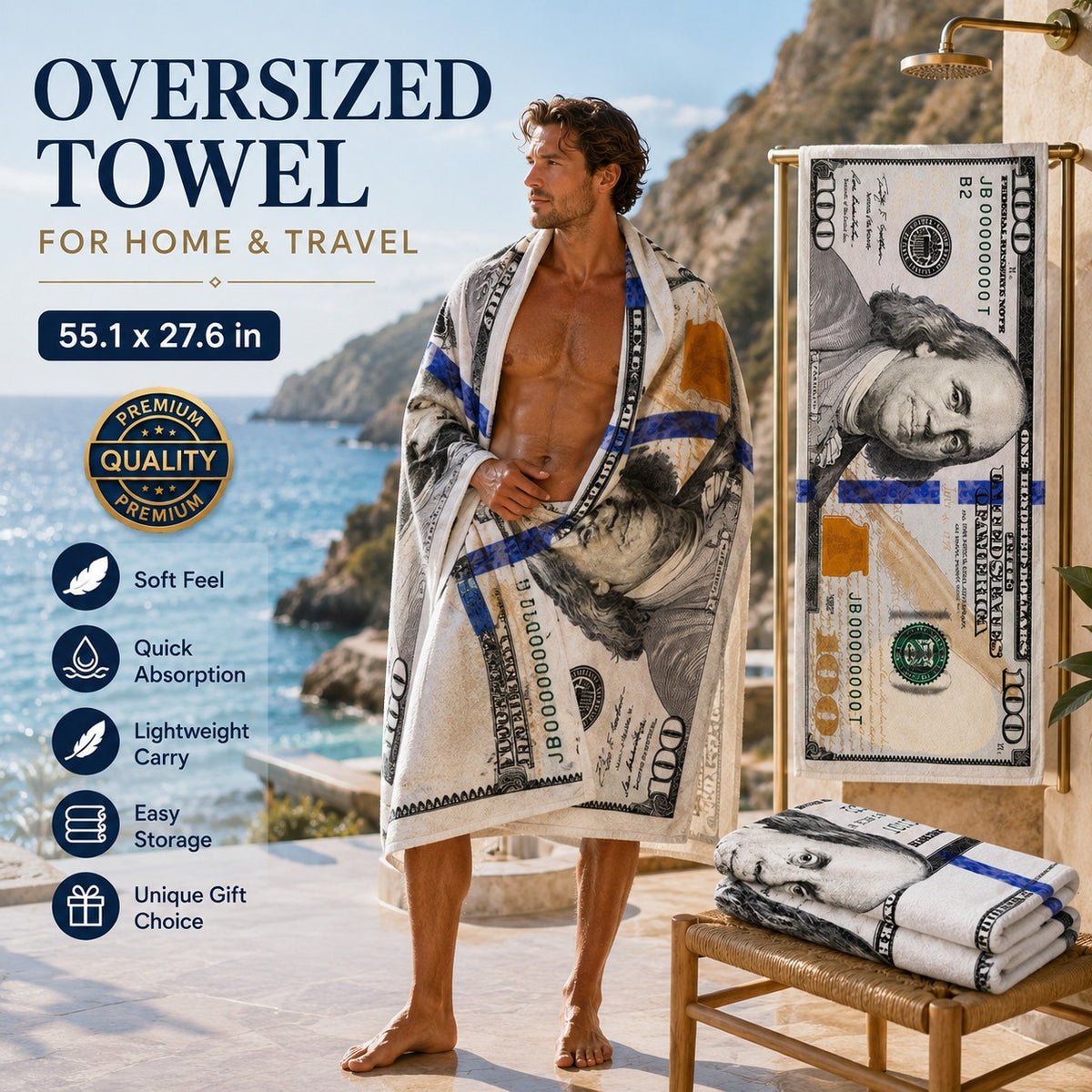 55x28in Cash Print Beach Towel Soft Velour Absorbent US Dollar Seaside