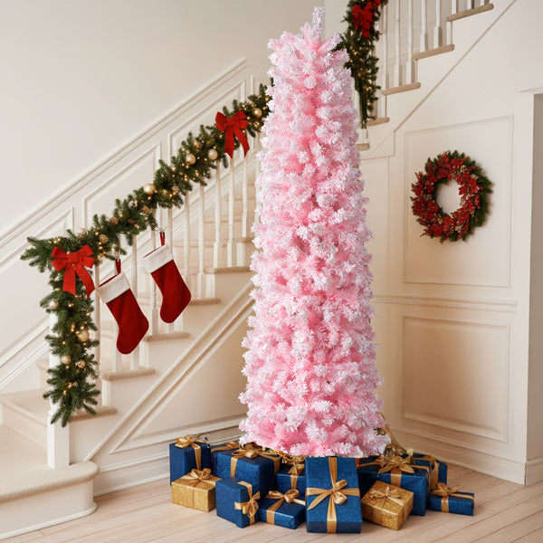 7.5 FT Snow Flocked Hinged Christmas Tree, Artificial Pencil Christmas