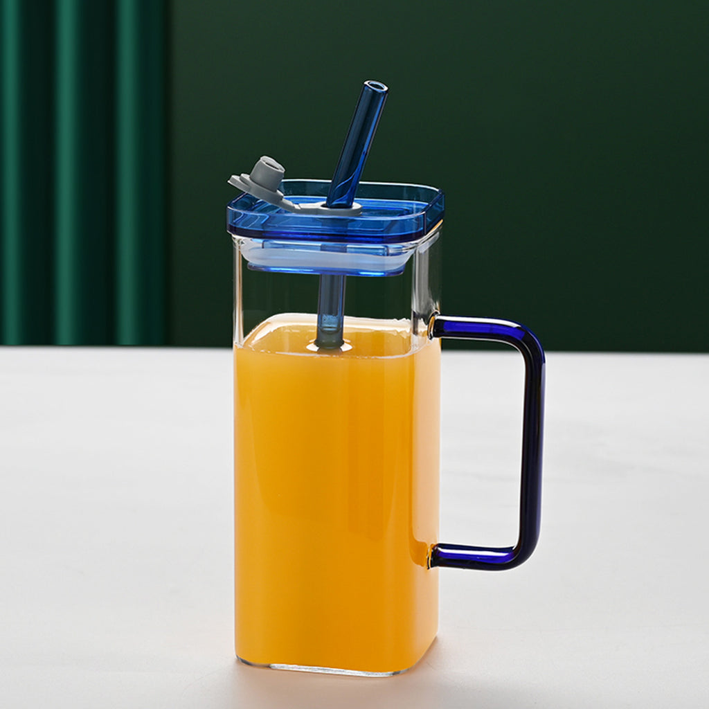 1 Pcs Blue Glass Straw Cup, 6 Colors Square Glass Cup With Straw