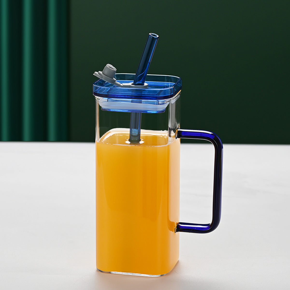 1 Pcs Blue Glass Straw Cup, 6 Colors Square Glass Cup With Straw