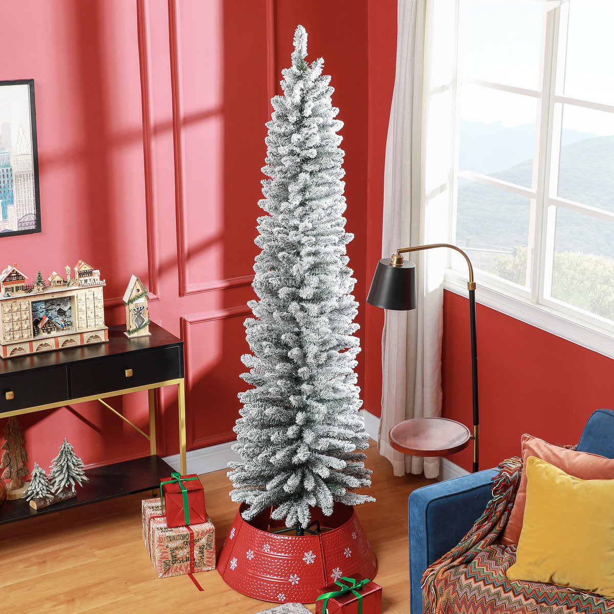 7ft Artificial Christmas Tree, Snow Flocked Branches, Metal Base