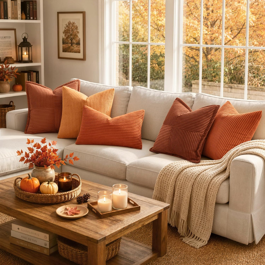 Fall Corduroy Throw Pillow Covers 2 Pack, 14x14 Inch Decorative Cushion