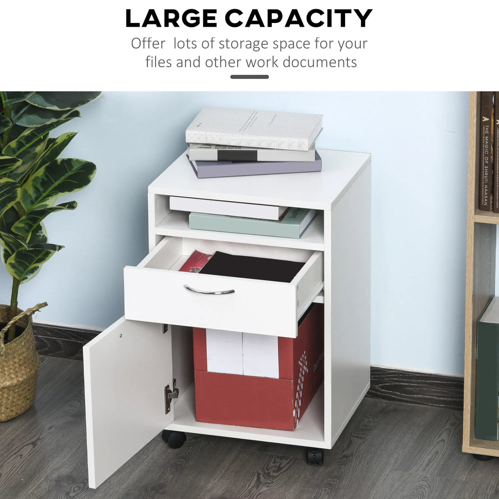 24" Small Filing Cabinet With Open Compartment, Drawer And Wheels, Home