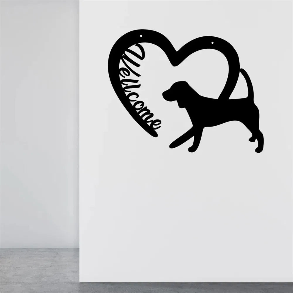 Rustic Farmhouse Metal Welcome Sign With Heart And Dog Cutouts