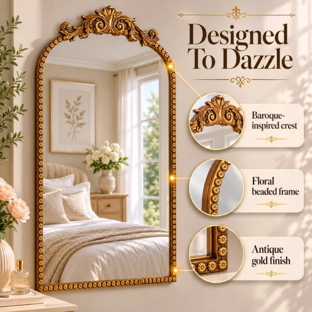30 X 20 Antique Gold Arch Wall Vanity Mirror, Ornate Vintage Baroque